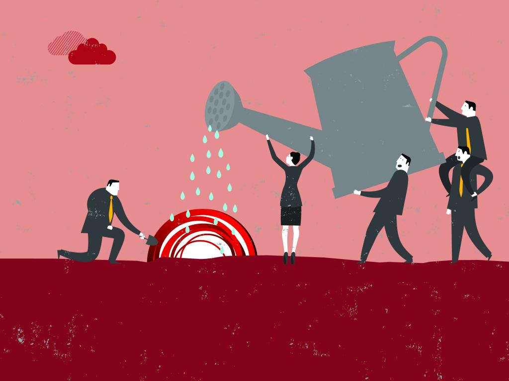 Illustration of three men and a woman in grey suits carrying a giant watering can. From left to right: the woman is helping tilt the watering can by its neck, one man is supporting it from its base, and the other two men, one sitting on top of the other’s shoulders, is holding the handle. Water droplets pour out of the nozzle, falling onto the CFI’s circular red logo growing out of the soil. To the left of the logo, a fourth man is crouching on one knee in the dirt, holding a gardening spade