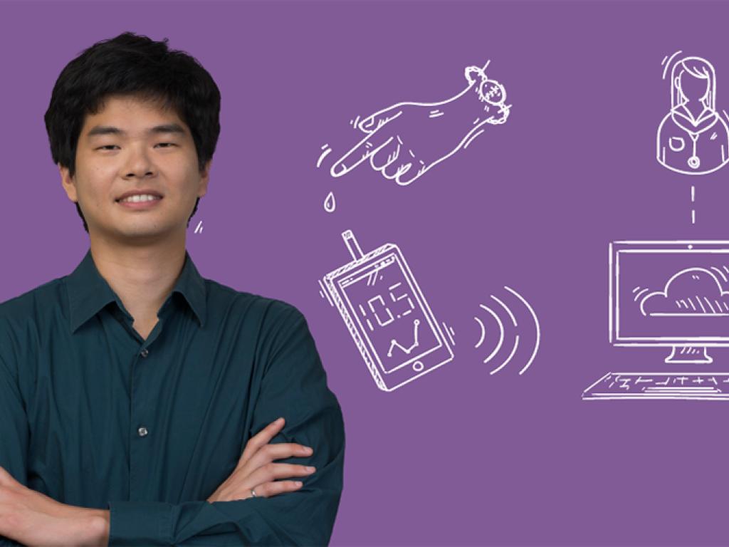 PhD student Austin Lee posing for a photo over a purple background.