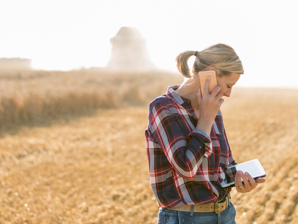 A woman stands in a fallow field talking on a smart phone and consulting a tablet.