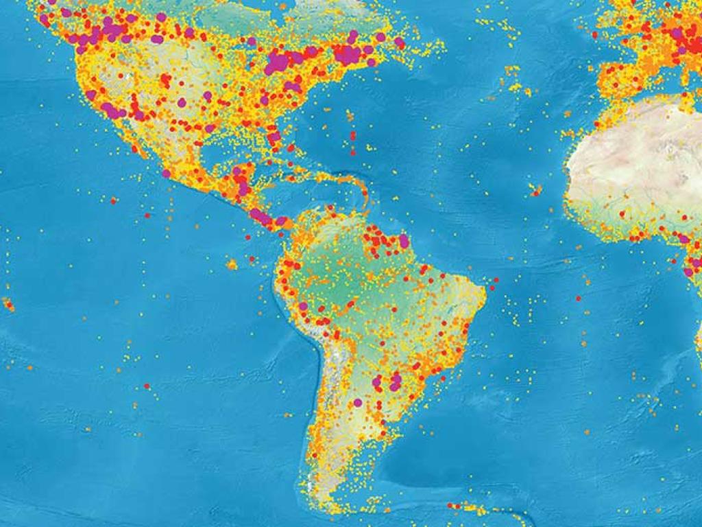A world map containing heat signatures.