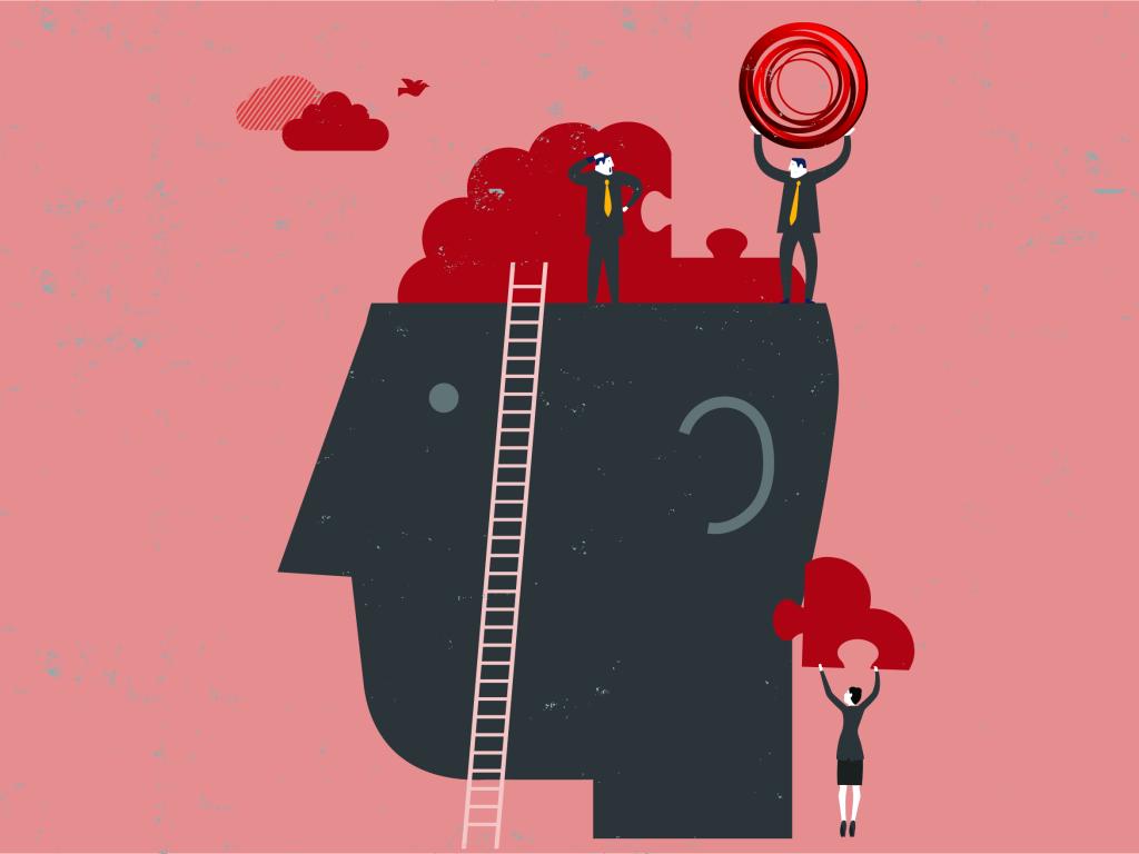 Illustration of a giant grey head with an open skull cap, revealing his brain. A portion of the brain in the shape of a puzzle piece is missing. Two men in grey suits stand on top of the head. The man to the left is scratching his head, while the man on the right is carrying the CFI’s red circular logo above his head. Beneath them, a woman in a grey suit is holding up the brain’s missing puzzle piece