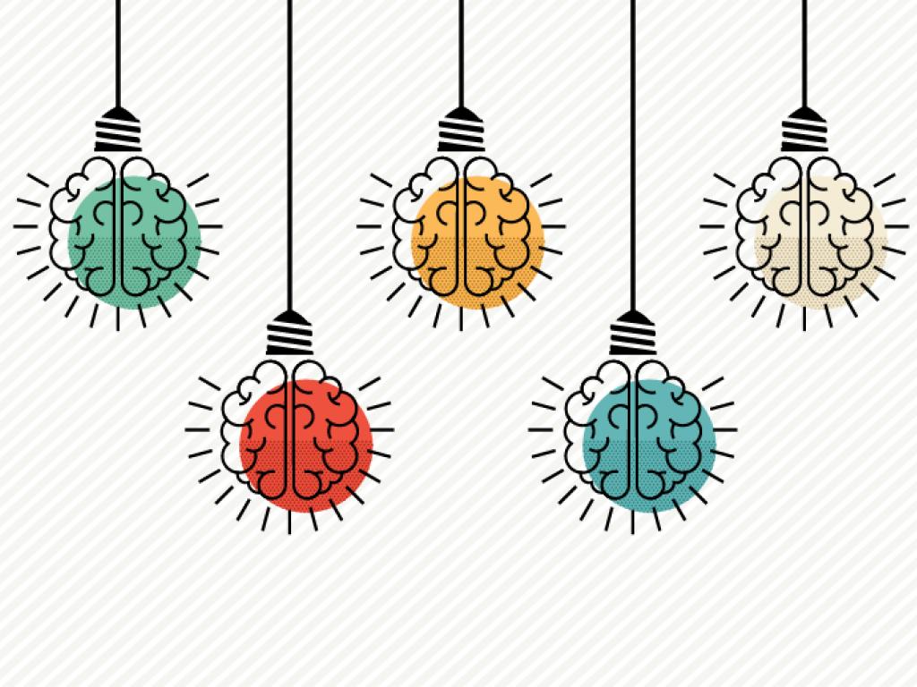 Five sketches of human brains hang like lightbulbs from the ceiling
