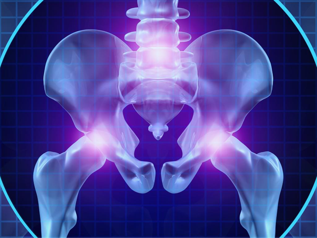 A graphic of human hip bones with purple lights around the joints.