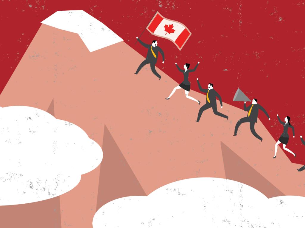 Illustration of a group of men and women running up a mountain. The leader is waving a Canadian flag.