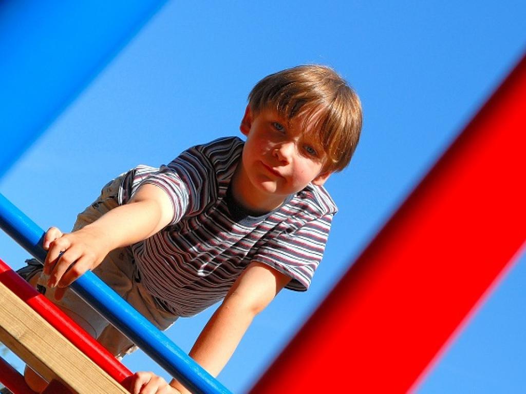 A young boy peers through the bars of a playground structure