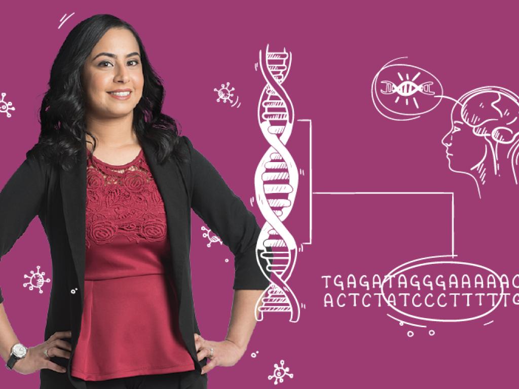 PhD student Sheena Gurm stands surrounded by line drawings depicting strands of DNA