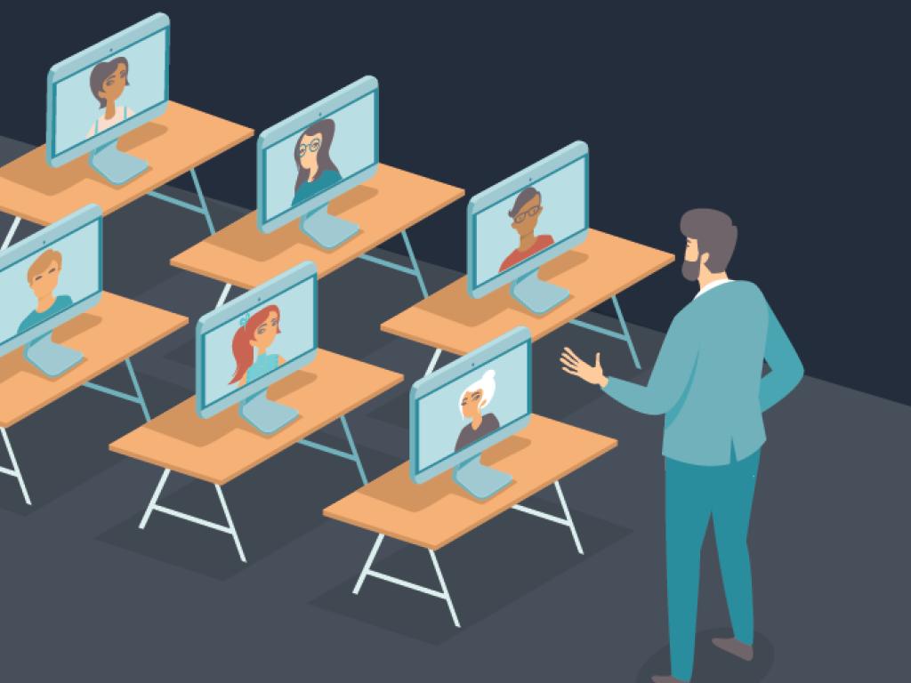 An illustration of a teacher speaking to several monitors set up on school desks to demonstrate the idea of e-learning