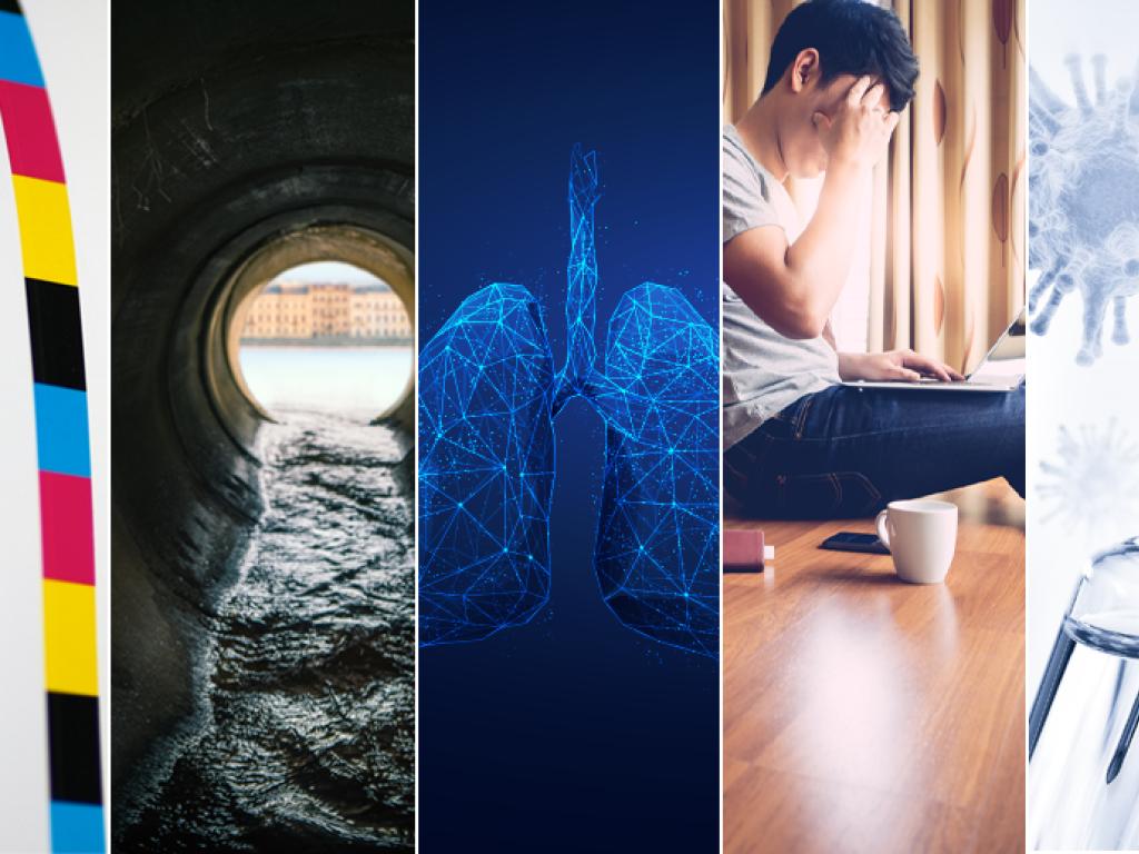 Collage de photos comprenant une bande papier du code couleur CMJN pour l'impression, un tuyau d'égout, un graphique en 3D de poumons, une personne allongée et un vaccin.
