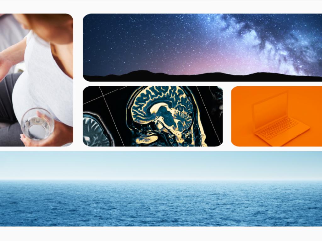 A collage of photos which includes a starry sky, an ocean, a  laptop a radiography of a brain and a hand with pills..