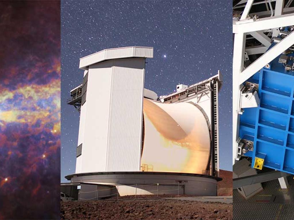 A compilation of the Milky Way as seen from space, a tall, circular building containing the telescope and a powerful space camera, which looks like a large blue box. 