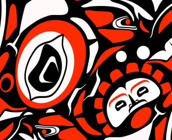 Fragment d'une oeuvre d'art autochtone de la côte du Nord-Ouest composée de motifs abstraits de formes noires, blanches et rouges.