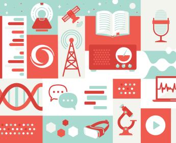 A vector illustration including an assortment of items related to research and communication divided by red, white and blue rectangular shapes.