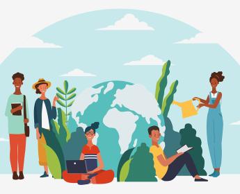 Illustration of five people sitting and standing around a globe surrounded by bushes and plants.