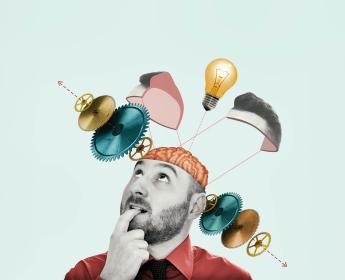 An illustration of a man looking up as gears and a lightbulb come out of his brain.