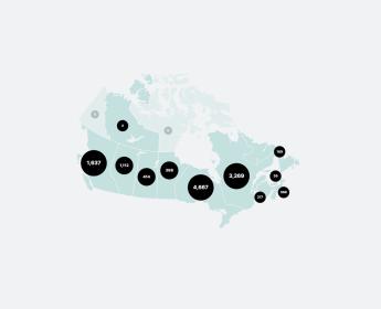 Map showcasing the number of projects funded in each province and territory in Canada.