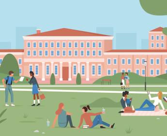 Illustration of a campus, with students gathered on a grassy field in front of a building.