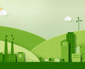Illustration représentant plusieurs bâtiments de couleur verte avec en toile de fond des collines vertes vallonnées accueillant des éoliennes.