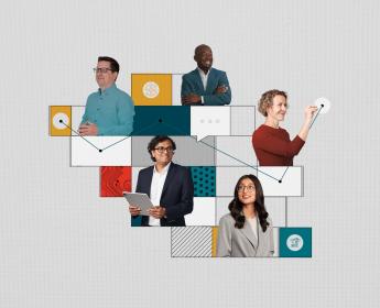 Portraits of five people compiled on a colourful, graphic background.