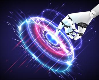 A graphic of the finger of a robot hand pressing an illuminated circular button floating in space.