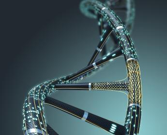 A graphic of a DNA strand lit up with data points.