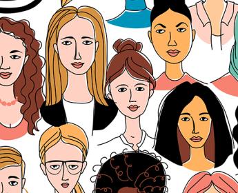 Hand-drawn portraits of various women.