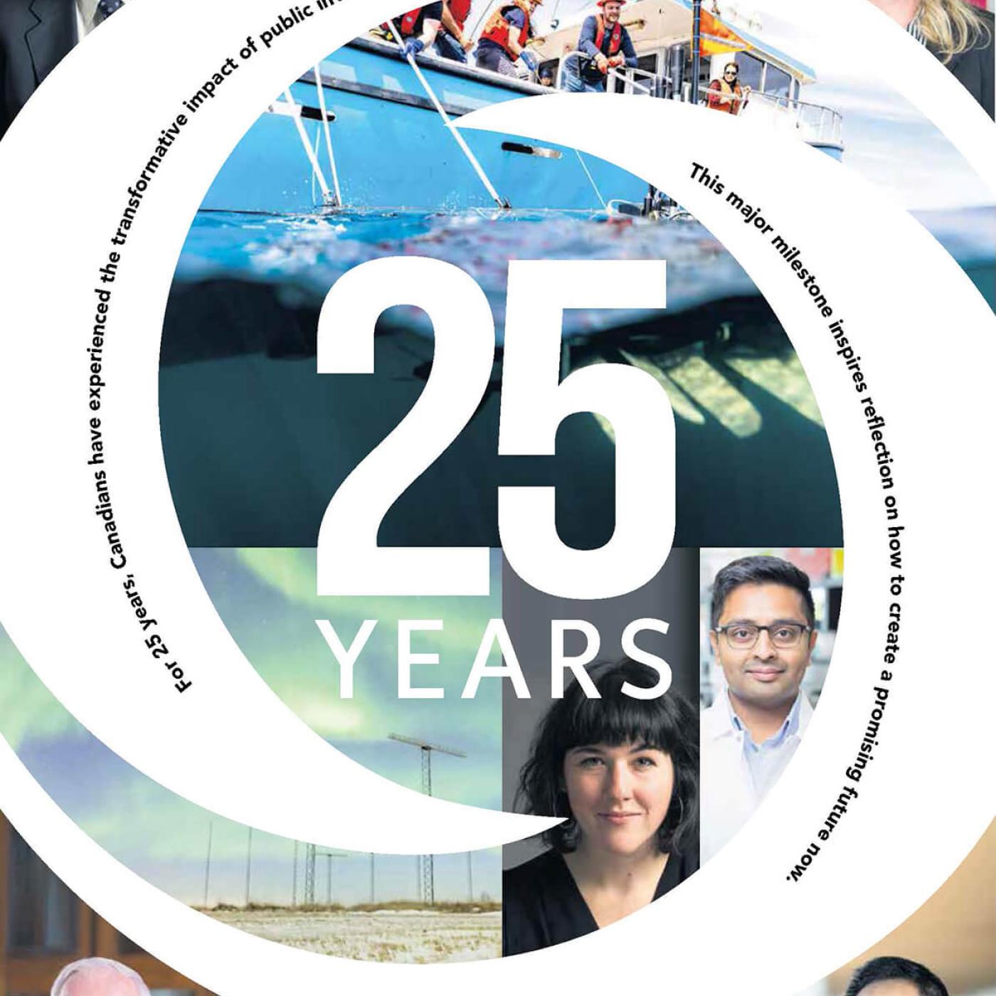 A front page cover of a newspaper featuring a white version of the official CFI logo overlayed over a collage of photos featuring researchers and research facilities. The words "25 years" are centered inside the logo.