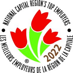 Logo officiel de la Commission de la capitale nationale, composé de trois tulipes aux pétales rouges entourées d'un cercle textuel.