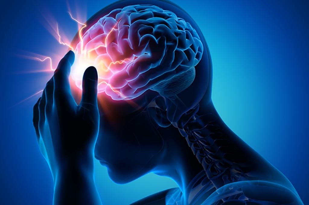 Computer-generated image of a person’s profile, holding their head where their brain is inflamed.
