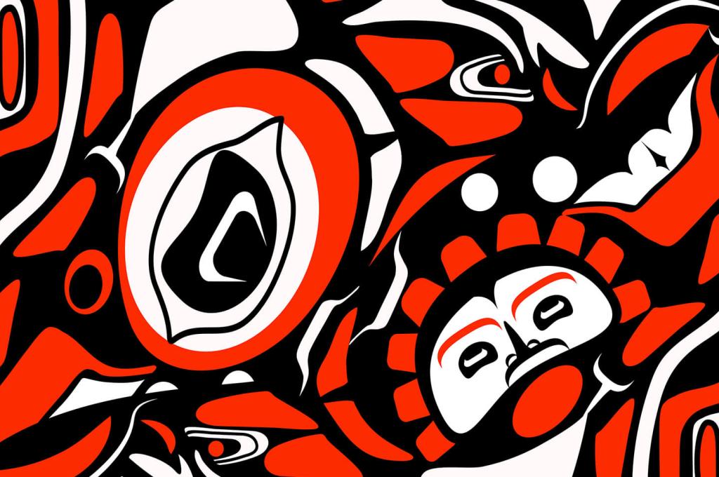 An abstract pattern of black, white and red shapes resembling some Indigenous art of the Northwest Coast.
