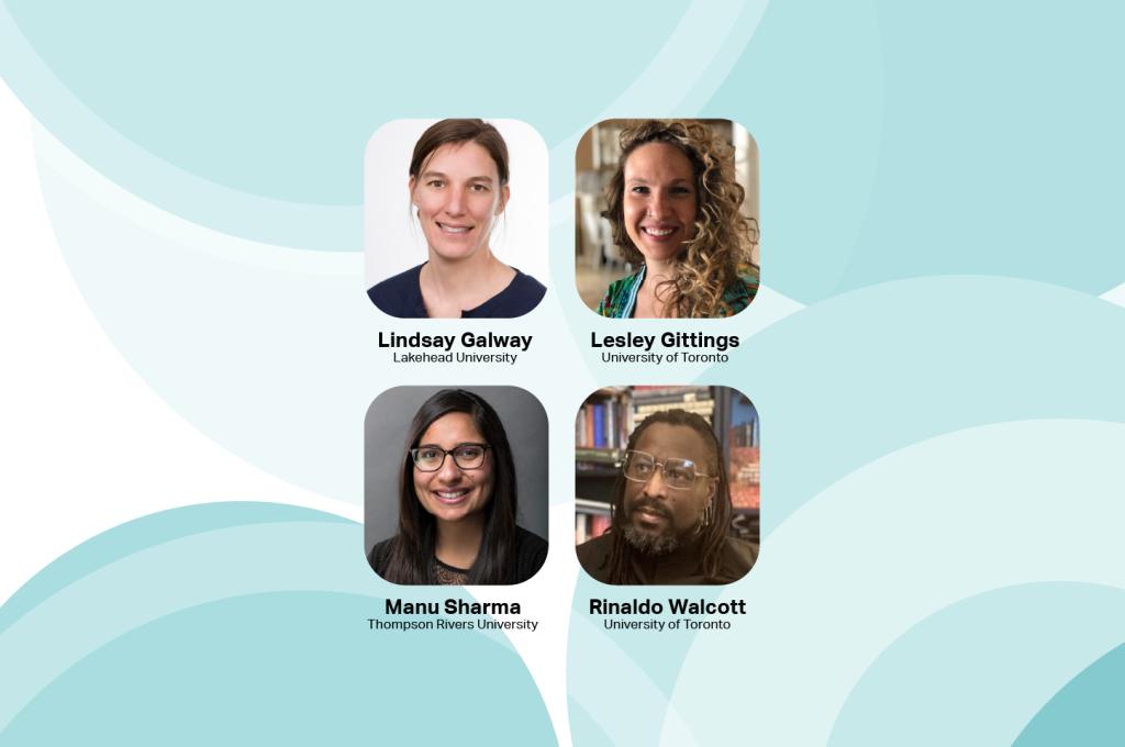 Four portraits laid out in a 2 by 2 formation over a white background with blue circles.