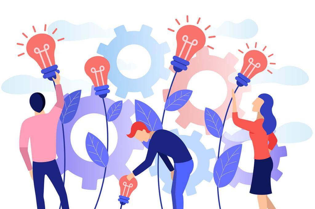 A graphic of three people working on a backdrop of gears and lightbulbs.
