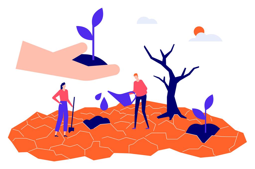 Illustration en couleurs orange et bleu sur laquelle on voit une terre aride, un arbre déséché, une personne tenant une pelle et une autre un arrosoir. Au-dessus de cette scène, une grande main tient un semis.