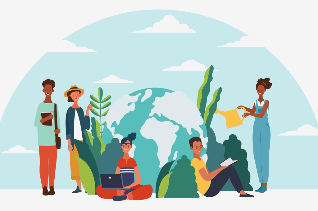 Illustration colorée sur laquelle on voit trois personnes debout et deux assises, chacune souriant largement. Elles sont entourées de plantes et en arrière plan se trouve un planisphère. Il s'en dégage une impression d'harmonie avec la nature.