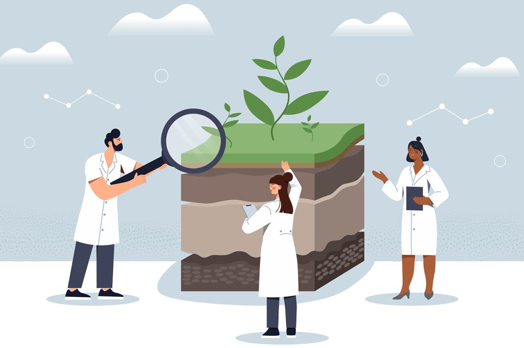 Illustration of two people gesturing toward a corn plant with overlaying diagrams including a molecule.