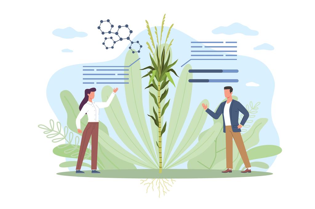 Illustration comprenant trois personnes vêtues de blouses de laboratoire, montrant du doigt et analysant un bloc carré qui représente cinq couches de la terre et sur lequel poussent des plantes.