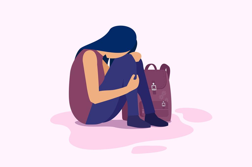 Graphic of a person sitting curled up next to a backpack.