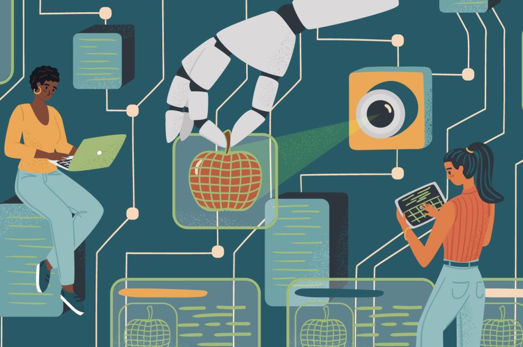 Illustration d’une main de robot tenant, par la tige, une pomme éclairée par un projecteur. De part et d’autre de cette pomme surdimensionnée, deux personnes travaillent sur des ordinateurs portables tandis que l’arrière-plan ressemble à un circuit électrique.