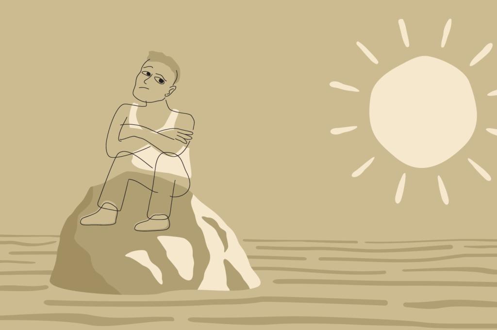 Illustration monochrome beige d’une personne semblant contrariée, assise les bras croisés sur un rocher entouré d’eau, un soleil ardent figurant à l’horizon.