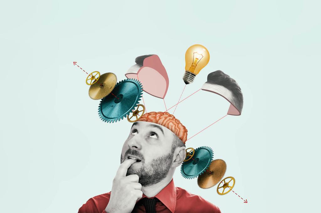 An illustration of a man looking up as gears and a lightbulb come out of his brain.