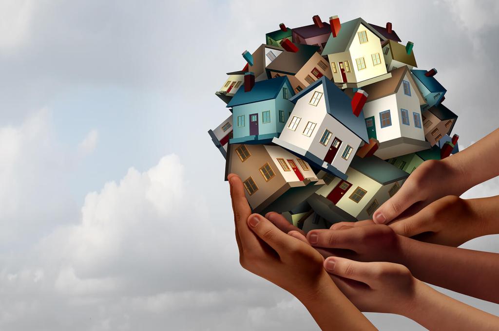 Illustration de plusieurs mains qui soutiennent un empilement rond de maisons sur fond de ciel nuageux.
