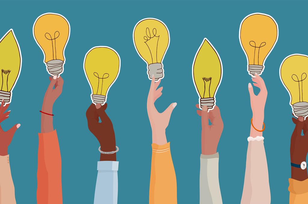 An illustration of several hands holding up differently shaped lightbulbs.