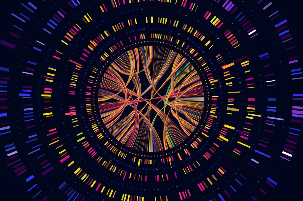 Image génétique qui ressemble à un mandala de couleurs bleu-violet à l’extérieur et orange-rose vers l’Intérieur; au centre des fibres de couleurs chaudes s’entremêlent.