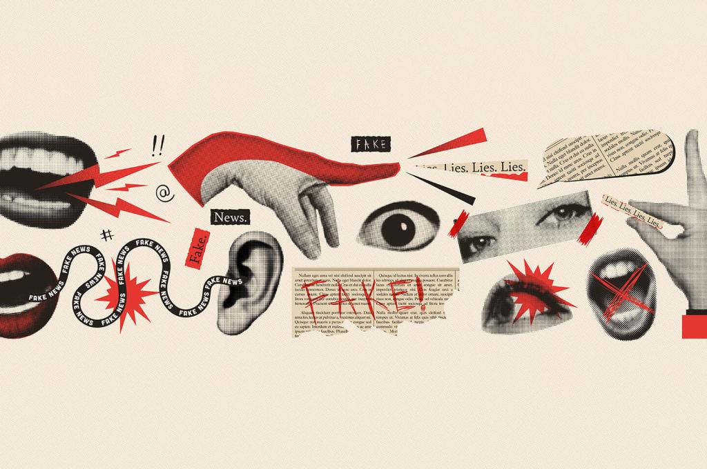 Formes découpées dans du papier couleur sépia de bouches, d'yeux, de mains et d'oreilles; coupures de journaux; surimpression de taches et de mots en rouge et remplissage de certaines formes de cette couleur; et les mots “fake news” dispersés un peu partout autour.