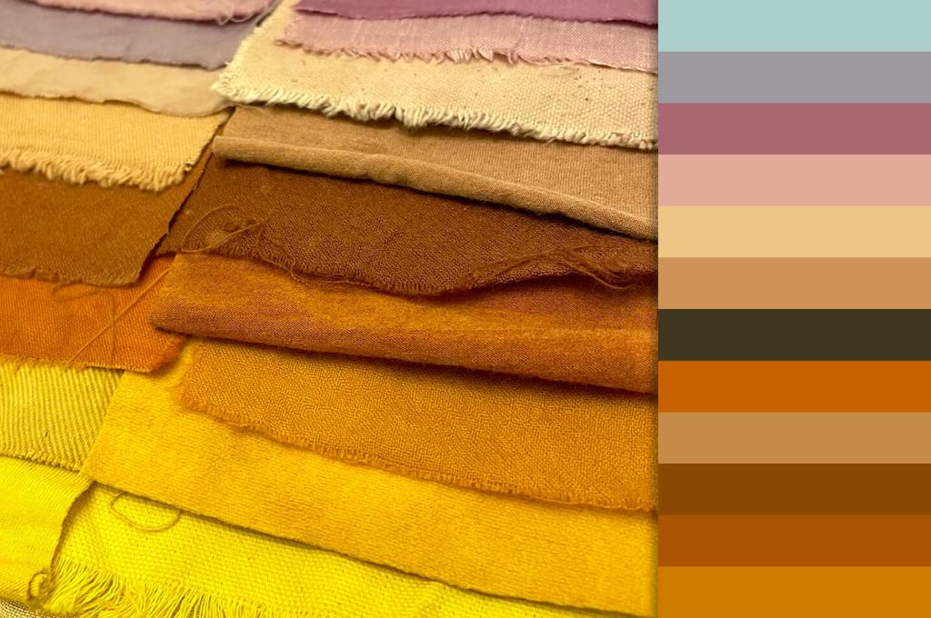 Pallet of natural fabrics dyed with food waste. 