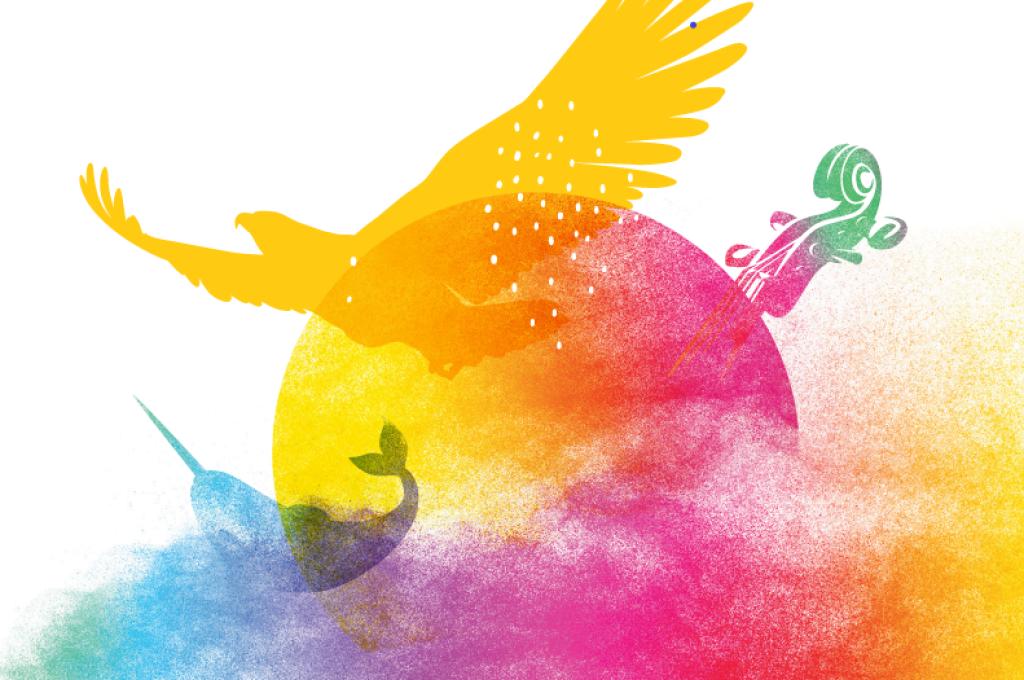 A drawing of an eagle representing First Nations, a narwhal representing Inuit, and a violin representing Métis. These illustrations are placed around the sun and surrounded by multicoloured smoke that represents Indigenous traditions, spirituality, inclusion and diversity.
