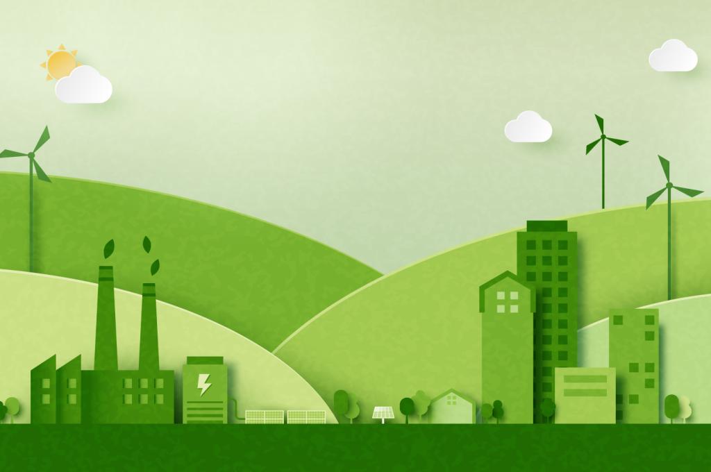A graphic of several green coloured buildings against a backdrop of rolling green hills with windmills.