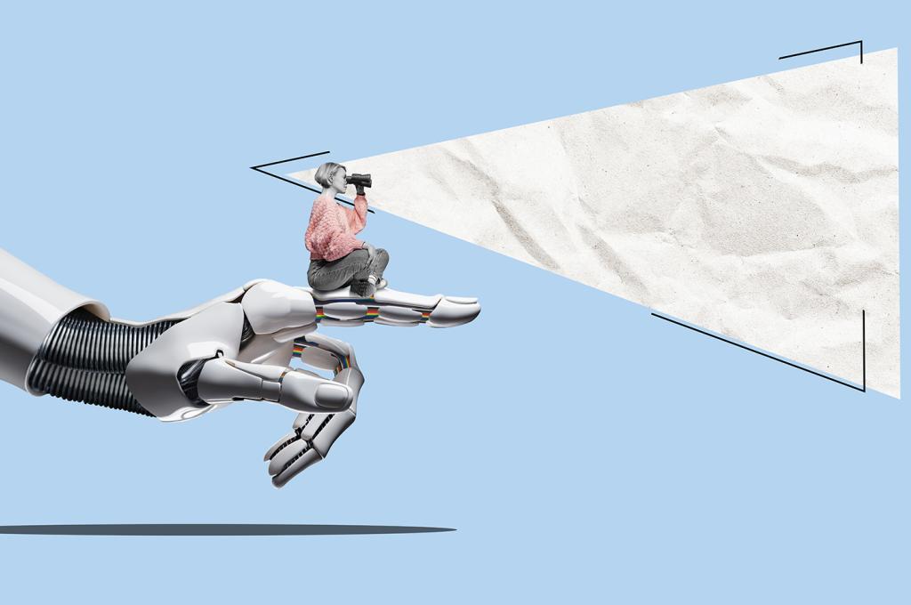 A woman perches on the pointing finger of a robot hand, looking into the distance with binoculars.