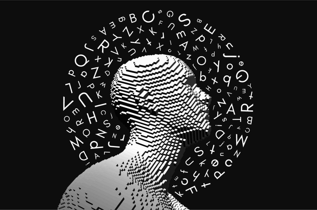A graphic showing a 3D pixelated human head surrounded by a cloud of letters.
