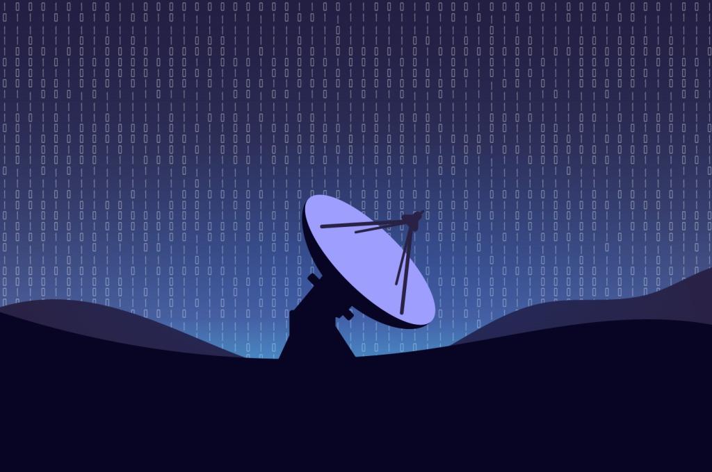 Blue-toned illustration of a telescope in a mountainous landscape. In the background, coded data seems to be falling from the sky.