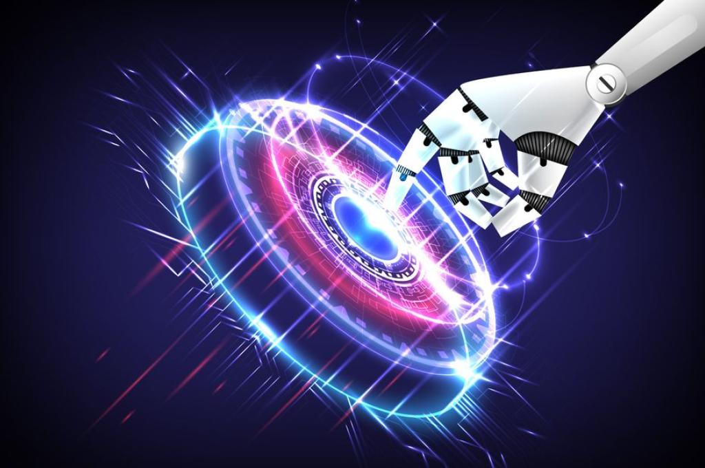 Image graphique d'une main robotisée dont l’index appuie au centre de quelque chose ressemblant à un bouton flottant dans l'espace et duquel se dégage des ondes circulaires bleues, violettes et roses.